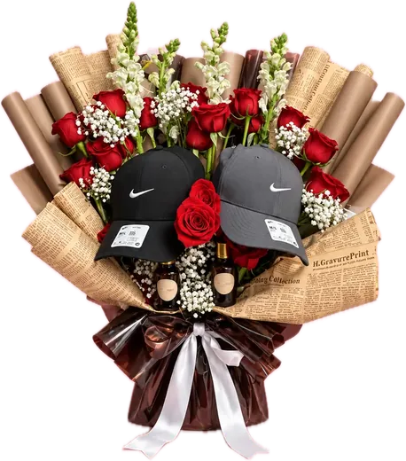 Men's bouquet with red roses and caps in newspaper wrap, gift for him Orlando