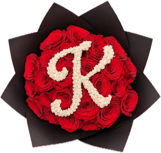 Red rose bouquet with pearl letter K monogram, custom initial bouquet Orlando