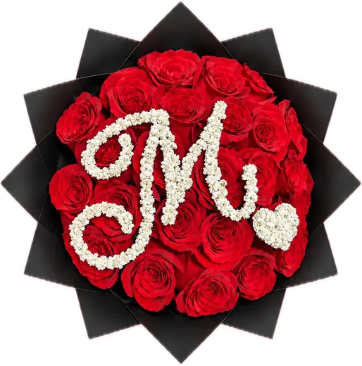 Red roses with pearl letter M and heart, personalized bouquet Orlando