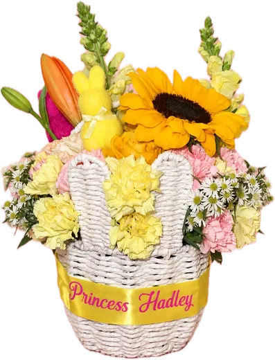 Sunflower basket with Princess name ribbon, kids birthday flowers Orlando